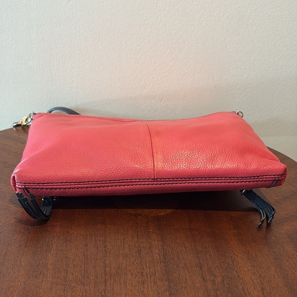 Halogen  Crossbody bag  envelope style pebbled leather  dark, coral, black trim - Picture 9 of 17
